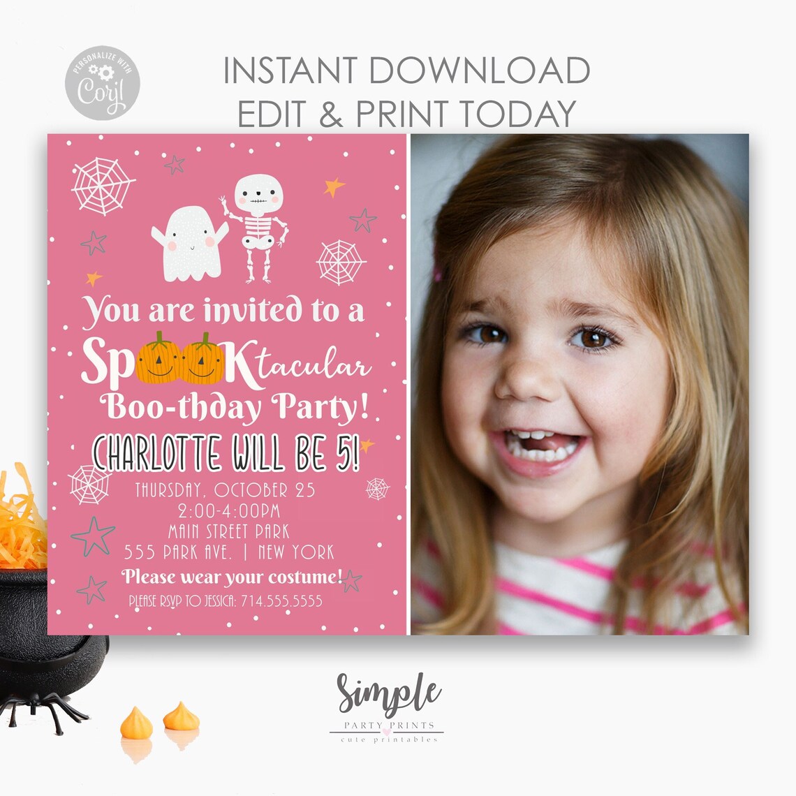 Editable Pink Halloween Birthday Party Invitation Halloween Etsy