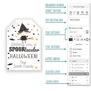 Op de afbeelding: Een printbare Halloween-tag met een heksenillustratie, sterren, vleermuizen en de tekst "Wishing you a SPOOKtacular HALLOWEEN! The Smith Family".