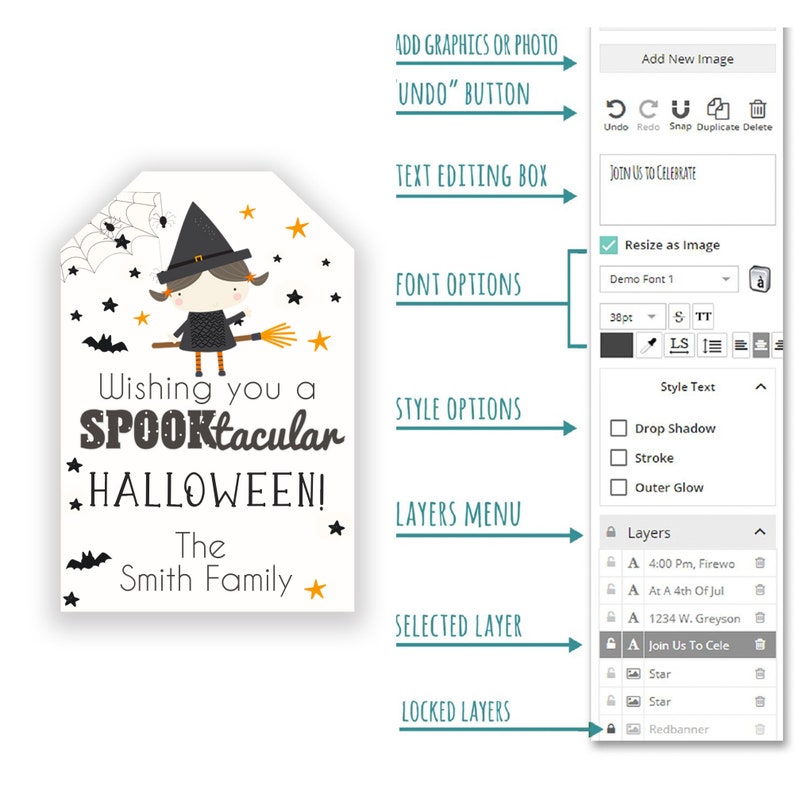 Op de afbeelding: Een printbare Halloween-tag met een heksenillustratie, sterren, vleermuizen en de tekst "Wishing you a SPOOKtacular HALLOWEEN! The Smith Family".