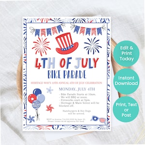 4th of July Bike Parade Flyer, July 4th BBQ Invitation, Neighborhood Summer Party Invite, Editable Invitation, Stars Stripes Fun, Fireworks