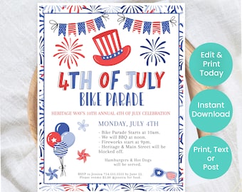 4th of July Bike Parade Flyer, July 4th BBQ Invitation, Neighborhood Summer Party Invite, Editable Invitation, Stars Stripes Fun, Fireworks