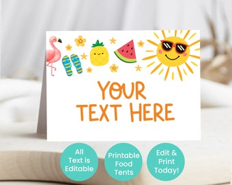 Printable Summertime Food Tents, Teacher Appreciation Luncheon Labels, Sunsational Bright Pool Party Food Tents, Editable With Corjl