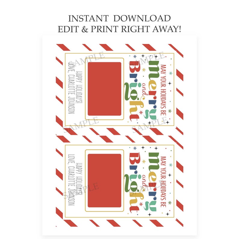 May include: Two printable Christmas gift tags with a red and white striped background. The tags feature a gold frame with a red square in the center. The text on the tags reads "May your holidays be merry and bright."