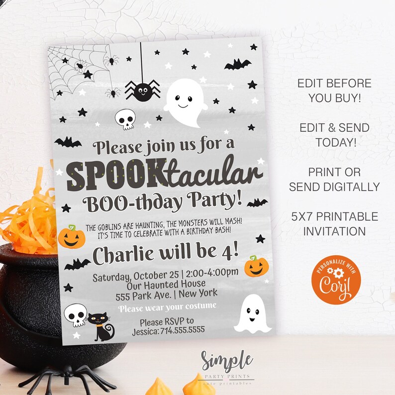 May include: A printable 5x7 inch Halloween party invitation with a black and white ghost, spider, and bats. The invitation says "Please join us for a SPOOKtacular BOO-thday Party!" and features the text "Charlie will be 4!"  The invitation is for a party on October 25th from 2:00-4:00pm at a haunted house.