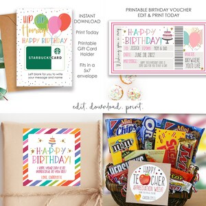 May include: Printable birthday voucher with a pink, blue, and white color scheme. The voucher says "Happy Birthday!" and has a space to write a message. The voucher is 5x7 inches and fits in a standard envelope.