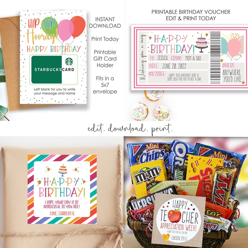 May include: Printable birthday voucher with a pink, blue, and white color scheme. The voucher says "Happy Birthday!" and has a space to write a message. The voucher is 5x7 inches and fits in a standard envelope.