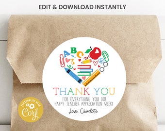 Teacher Appreciation Week Tags, Printable Circle Apple Thank You Favor Tag,  Editable End of Year Gifts for Volunteers, Print At Home Label