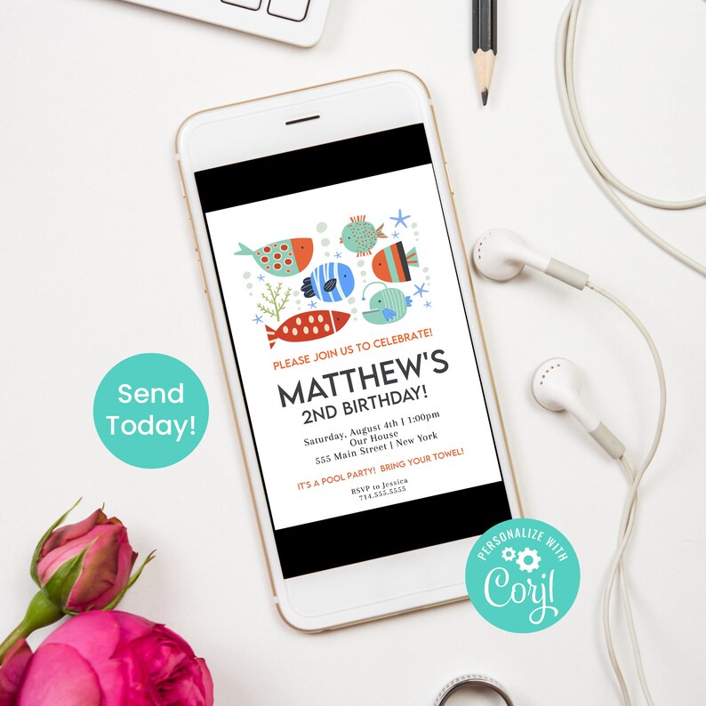 Peut inclure: Un &eacute;cran de smartphone bleu et blanc affichant une invitation color&eacute;e pour le 2&egrave;me anniversaire de Matthew. L'invitation pr&eacute;sente une illustration de poissons de dessin anim&eacute; et le texte "Veuillez vous joindre &agrave; nous pour c&eacute;l&eacute;brer ! Le 2&egrave;me anniversaire de Matthew !" L'invitation comprend la date, l'heure, le lieu et les informations de RSVP.