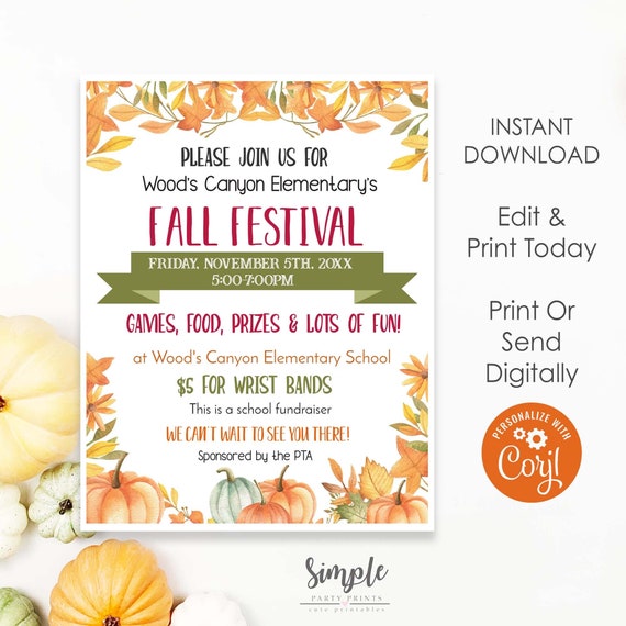 Editable Fall Festival, Digital Flyer for Pumpkin Patch Party, School Church Fall Festival Invite, Printable Instant Download, Digital