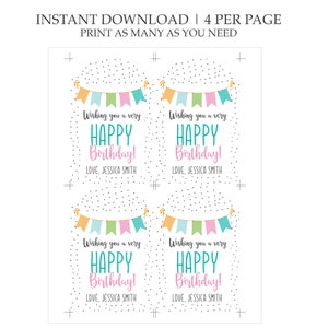 Pode incluir: Quatro cart&otilde;es de anivers&aacute;rio imprim&iacute;veis com fundo branco e bolinhas pretas. Cada cart&atilde;o apresenta uma faixa colorida com o texto "Wishing you a very Happy Birthday!" e o nome "Jessica Smith".
