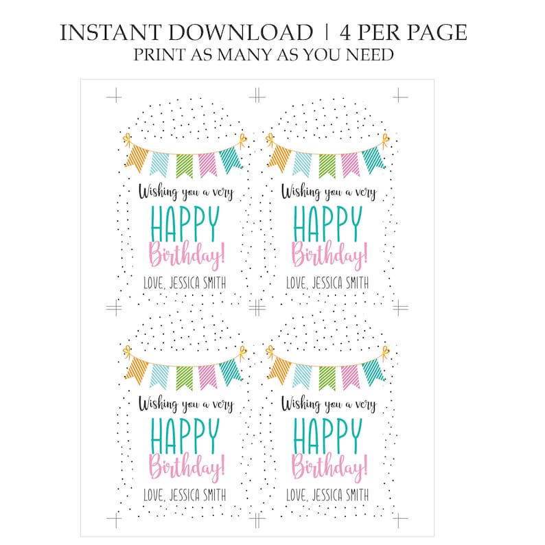 Pode incluir: Quatro cart&otilde;es de anivers&aacute;rio imprim&iacute;veis com fundo branco e bolinhas pretas. Cada cart&atilde;o apresenta uma faixa colorida com o texto "Wishing you a very Happy Birthday!" e o nome "Jessica Smith".