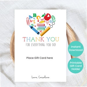 Suporte para cartão de presente de agradecimento ao professor para impressão - Ideias para presentes editáveis de agradecimento aos professores - Apreciação escolar personalizada - Impressão instantânea
