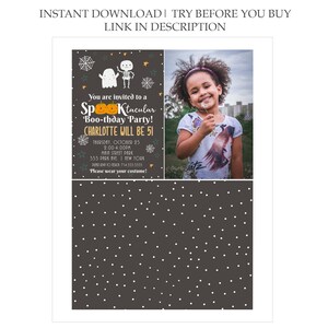 May include: A black and white polka dot background with a Halloween party invitation for a girl named Charlotte turning 5. The invitation features a ghost and skeleton with a pumpkin and the text "You are invited to a Spooktacular Boo-thday Party! Charlotte will be 5!"  The invitation also includes the date, time, and location of the party. A photo of a young girl is in the upper right corner of the invitation.