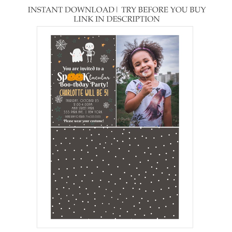 May include: A black and white polka dot background with a Halloween party invitation for a girl named Charlotte turning 5. The invitation features a ghost and skeleton with a pumpkin and the text "You are invited to a Spooktacular Boo-thday Party! Charlotte will be 5!"  The invitation also includes the date, time, and location of the party. A photo of a young girl is in the upper right corner of the invitation.