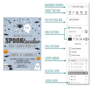 May include: A blue and white Halloween party invitation with a ghost, bats, spiders, and pumpkins. The text reads "You are invited to a Spooktacular Boo-thday Party! Charlie is turning 4! Saturday, October 25, 2:00-4:00pm. Our Haunted House 555 Park Ave. New York. Please RSVP to Jessica 711-555-5555. Please wear your costume."