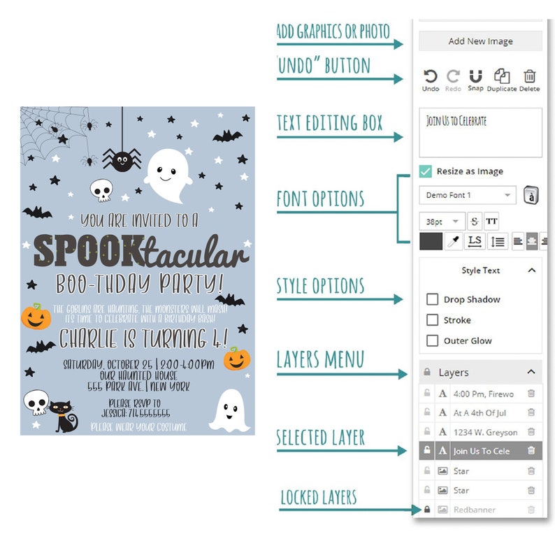 May include: A blue and white Halloween party invitation with a ghost, bats, spiders, and pumpkins. The text reads "You are invited to a Spooktacular Boo-thday Party! Charlie is turning 4! Saturday, October 25, 2:00-4:00pm. Our Haunted House 555 Park Ave. New York. Please RSVP to Jessica 711-555-5555. Please wear your costume."
