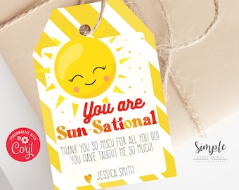 Teacher Appreciation Printable Tag, Printable Thank You for Being Sun Sational Gift tags, Editable End of the School Year Gifts, Sunsational