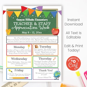 Printable Teacher Appreciation Flyer, TAW Newsletter Printable Appreciation Week Event Take Home, Editable Itinerary Flyers Instant Download