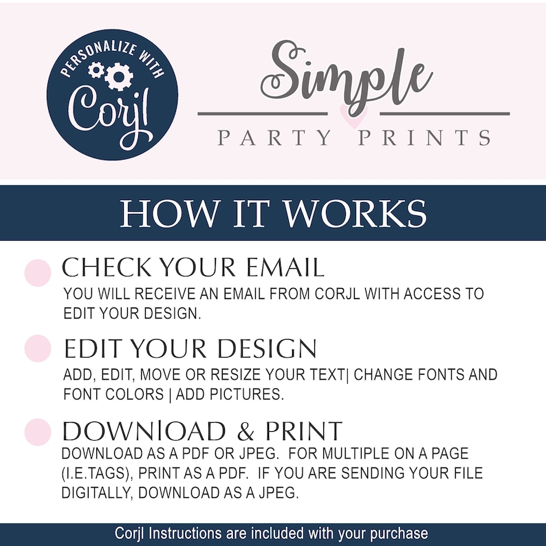 May include: A pink and blue graphic with the text "Simple Party Prints" and instructions on how to use the Corjl website to personalize and print party decorations.