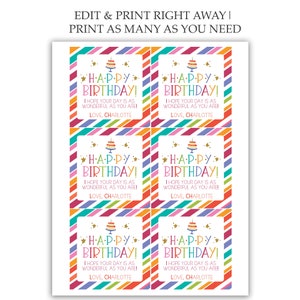 Op de afbeelding: Zes kleurrijke, printbare verjaardagskaartjes met de tekst "Happy Birthday! Ik hoop dat je dag net zo geweldig is als jij! Liefs, Charlotte" op elk kaartje.