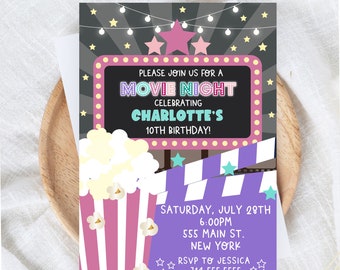 Editable Movie Night Birthday Invite, Girls Bday Digital Invitation, Outdoor Summertime Party Ideas, Printable Movie Flyer, Instant Download