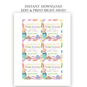 May include: Six printable Easter gift tags featuring a cartoon bunny holding a basket of eggs. The tags are decorated with colorful stripes and polka dots and include the text "a special treat for Somebunny - so sweet! - HAPPY EASTER" and "YOUR FRIEND, CHARLOTTE".