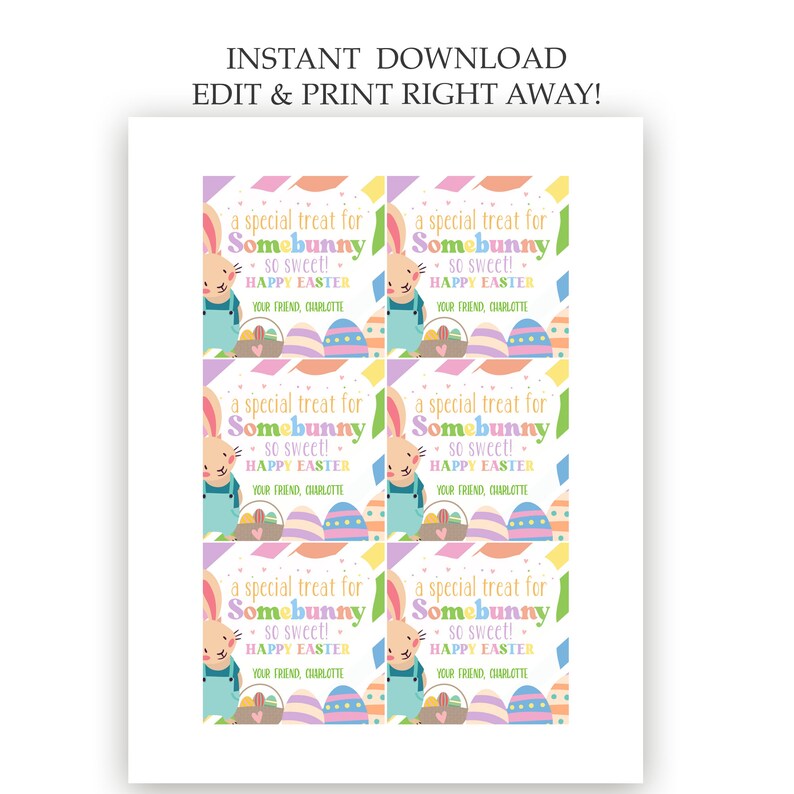 May include: Six printable Easter gift tags featuring a cartoon bunny holding a basket of eggs. The tags are decorated with colorful stripes and polka dots and include the text "a special treat for Somebunny - so sweet! - HAPPY EASTER" and "YOUR FRIEND, CHARLOTTE".