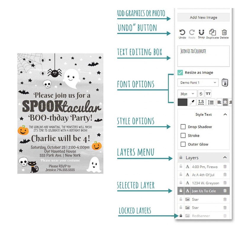 May include: A black and white Halloween party invitation with a ghost and pumpkin graphic. The text reads "Please join us for a SPOOKtacular BOO-thday Party!" and "Charlie will be 4!" The invitation includes the date, time, and location of the party.