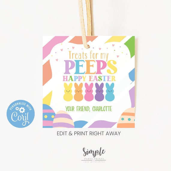 Printable Happy Easter Gift Tag, Personalize with Corjl, Easter Peep Treats Gift Tags, Editable Instant Download Easter Tag, Easter Egg Tag Il_570xn