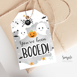 Könnte beinhalten: Ein weißes Etikett mit einem grauen Aquarellhintergrund, auf dem zwei Geister, ein Kürbis und eine Spinne zu sehen sind. Das Etikett lautet "You've been Booed!" mit Sternen und Fledermäusen um den Text herum.