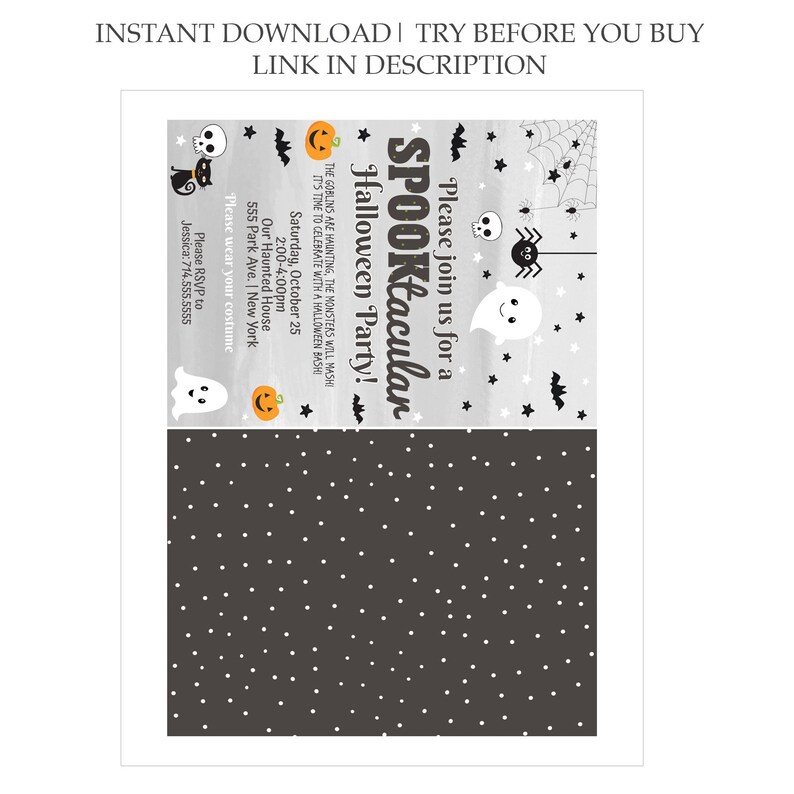 May include: A Halloween party invitation with a grey background and white polka dots. The top section features Halloween-themed graphics like ghosts, bats, and pumpkins. Text includes "SPOOKtacular Halloween Party!" and event details.