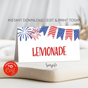 4th of July Food Labels Template, Food Tents, Printable July Fourth Theme Party Decorations, Place Cards, DIY EDITABLE TEXT D5