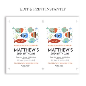 Peut inclure: Une invitation d'anniversaire bleue et orange avec un motif de poissons color&eacute;s. L'invitation indique "Matthew's 2nd Birthday!" et comprend la date, l'heure, le lieu et les informations RSVP.