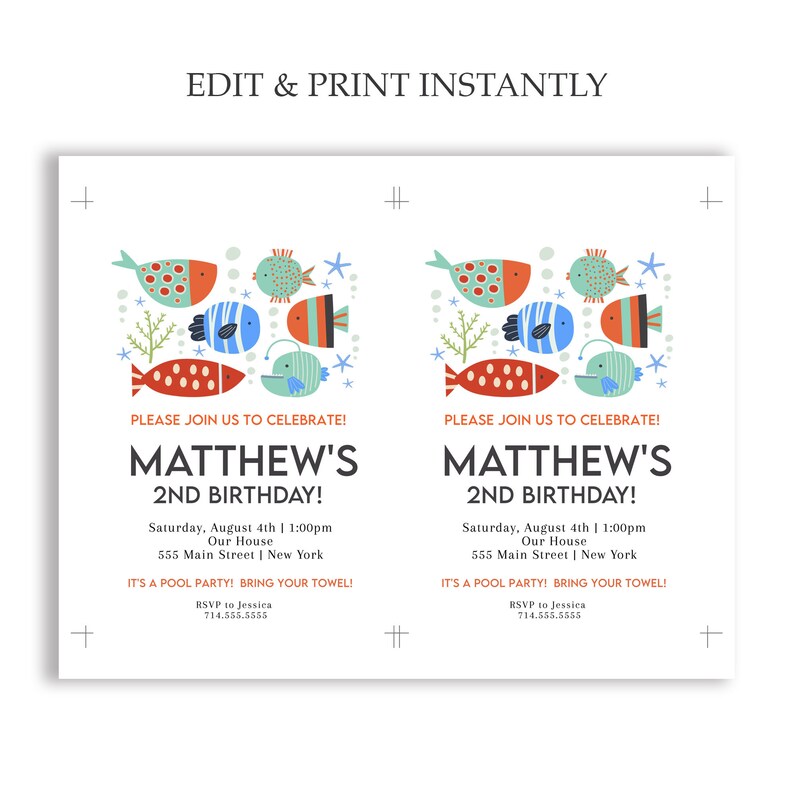 Peut inclure: Une invitation d'anniversaire bleue et orange avec un motif de poissons color&eacute;s. L'invitation indique "Matthew's 2nd Birthday!" et comprend la date, l'heure, le lieu et les informations RSVP.