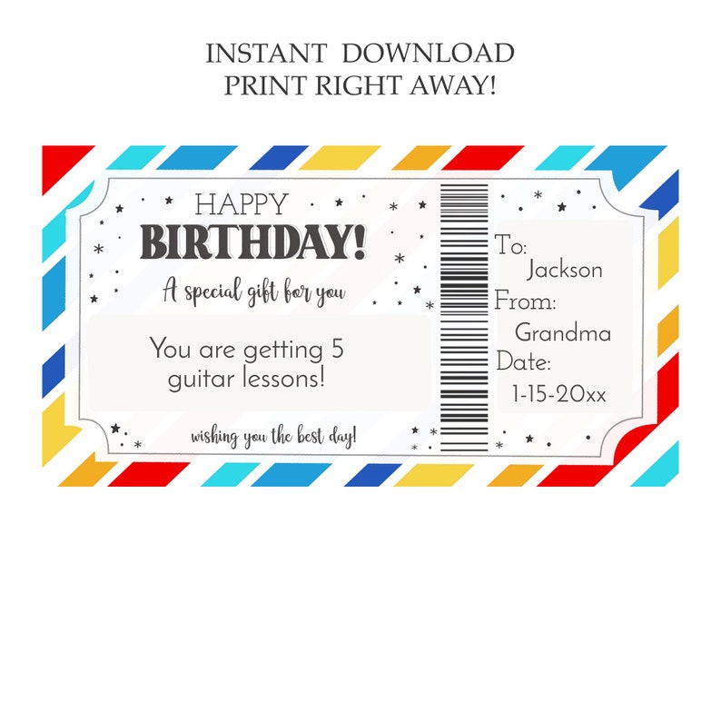 Op de afbeelding: Een kleurrijke, printbare verjaardagskaart met een gestreepte rand. De kaart zegt "Happy Birthday!" en "Een speciaal cadeau voor jou. Je krijgt 5 gitaarlessen! Ik wens je een fijne dag!" Er is ook een sectie voor de naam van de ontvanger, de naam van de gever en de datum. De datum is 1-15-20xx.