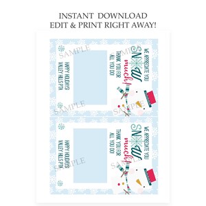 Op de afbeelding: Twee printbare cadeaulabels met een sneeuwpop met de tekst "We appreciate you" en "Snow much! Thank you for all you do!" op een blauwe achtergrond met sneeuwvlokken.