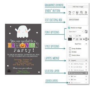 May include: A Halloween party invitation with a cute ghost illustration. The invitation is on a dark gray background with green, purple, and orange text. The text reads "You are invited to a HALLOWEEN Party!" and includes details about the party, such as the date, time, and location.