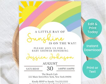 Pastel Rainbow Baby Shower Invitations | Girl Baby Shower Invite | Printable Rainbow Text Invite | Rainbow Theme Celebration |  Instant P8