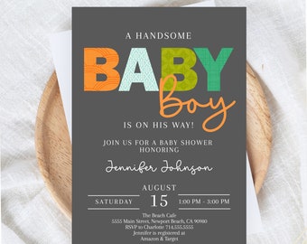 Simple Baby Boy Shower Invitation Sprinkle Baby Shower Invite A Handsome Baby Boy is on His Way Instant Editable Digital Printable GR144