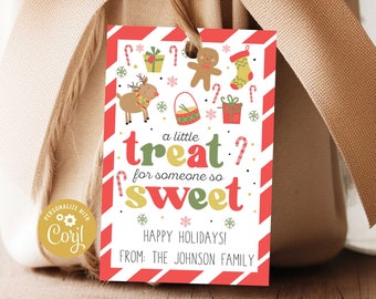 Könnte beinhalten: Ein rotes und weißes Geschenkanhänger mit einem Zuckerstangenrand. Der Anhänger zeigt ein Rentier, einen Lebkuchenmann und andere weihnachtliche Illustrationen. Der Text auf dem Anhänger lautet "a little treat? for someone so sweet. Happy Holidays! From: The Johnson Family."