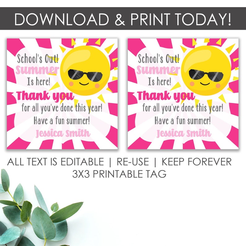Summer Time Printable Tag Printable Teacher Appreciation Gift | Etsy