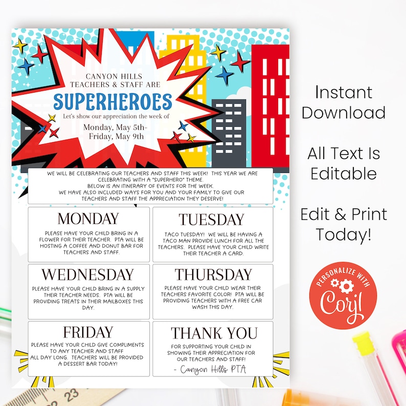 Editable Teacher Appreciation Week Flyer - Printable Superhero Theme ...