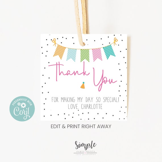 Printable Thank You Tag, Birthday Favor Tags for friends &amp; Family ...