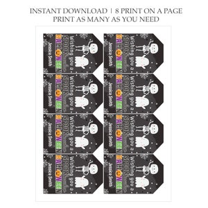May include: Eight printable Halloween gift tags with a black background, white ghost and skeleton, and the text "Wishing you a SPOOKtacular HALLOWEEN". Each tag has the name "Jessica Smith" printed at the bottom.