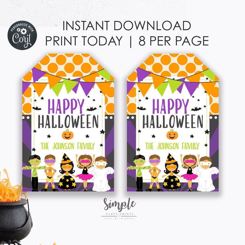 May include: Printable Halloween gift tags featuring orange and black polka dots, purple and green bunting, and a family of children dressed in costumes. The text reads "Happy Halloween" and "The Johnson Family".