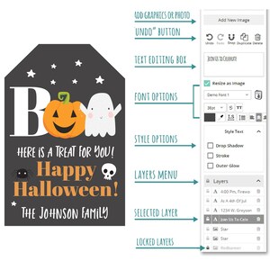 May include: A black and white Halloween-themed tag with the text "Boo! Here is a treat for you! Happy Halloween! The Johnson Family". The tag features a pumpkin, a ghost, a spider, and a skull.