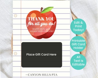 Teacher Gift Card Holder, End of year gifts for Teachers, Printable Gift card Holders, Teacher Appreciation Gift Ideas, Instant Download