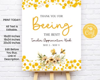 Floral Teacher Appreciation Blank Sign Template, Printable Bumble Bee Theme Welcome Poster, Editable Honey Comb Sign. Personalized DIY