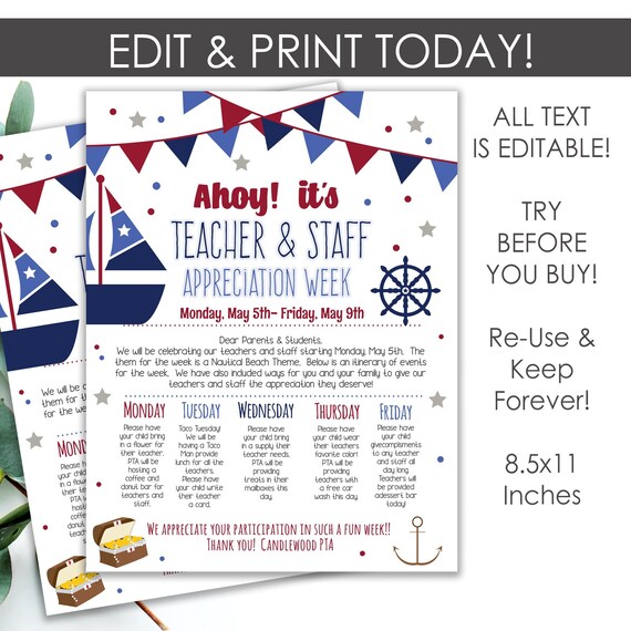 Printable Teacher Appreciation Week Flyer, TAW Newsletter Printable Nautical Event Take Home, Editable Itinerary Flyers Instant Download Il_570xn