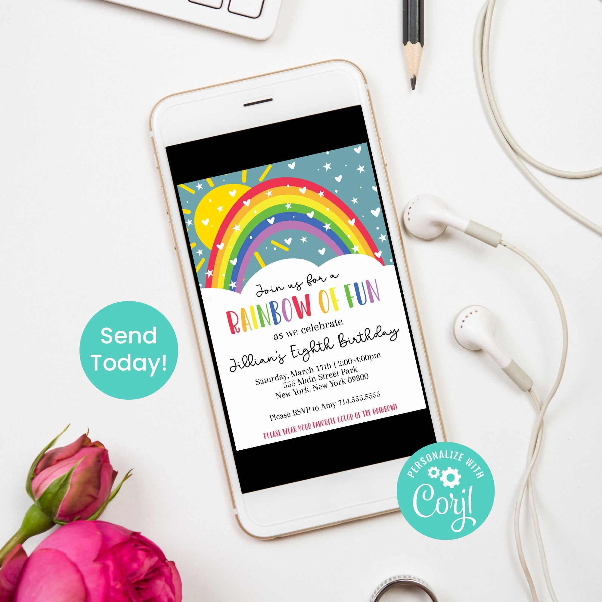 Rainbow Birthday Party Invitation | Girl Birthday Invite | Editable ...